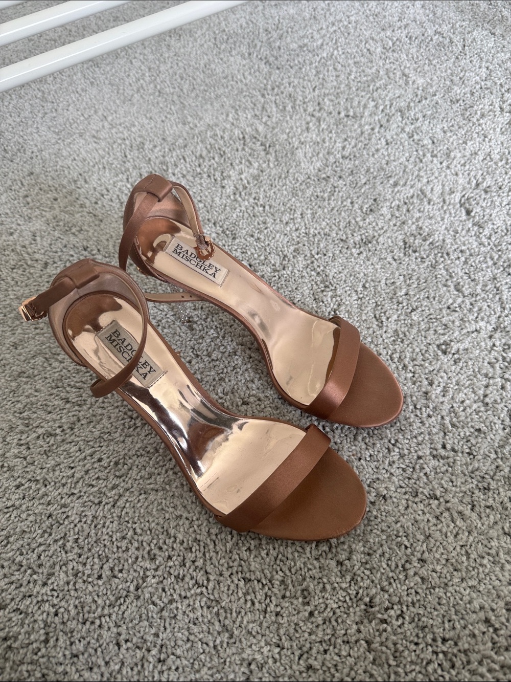 Badgley Mischka Brown Satin Open-Toe Ankle-Strap Heels
